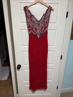 Laurence Kazar flame Ruby Red Maxi silk gown Dress with Silver Beading